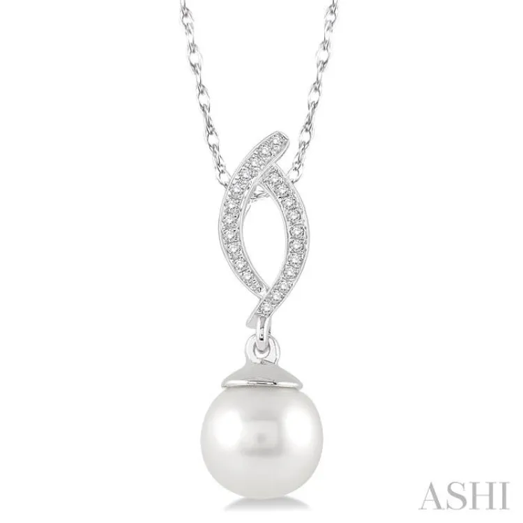 7x7 MM Round Cut Cultured Pearl and 1/20 ctw Round Cut Diamond Pendant in 10K White Gold with Chain