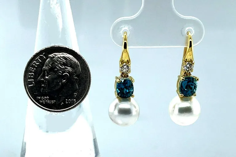 9mm South Sea Pearl, Blue Zircon and Diamond Drop Earrings in 18k Yellow Gold