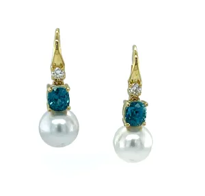 9mm South Sea Pearl, Blue Zircon and Diamond Drop Earrings in 18k Yellow Gold