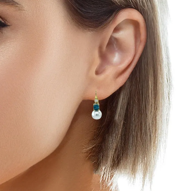9mm South Sea Pearl, Blue Zircon and Diamond Drop Earrings in 18k Yellow Gold