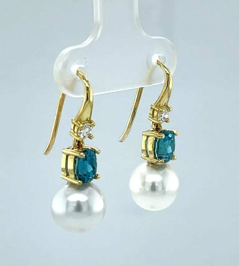 9mm South Sea Pearl, Blue Zircon and Diamond Drop Earrings in 18k Yellow Gold