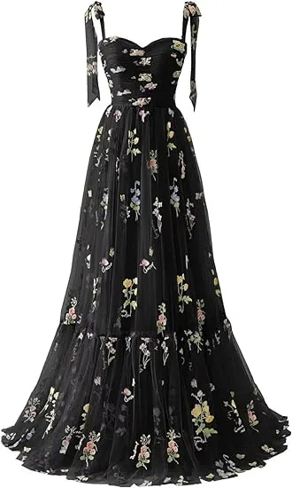 A-line Flower Embroidery Tulle Prom Dress Straps Formal Evening Party Gowns