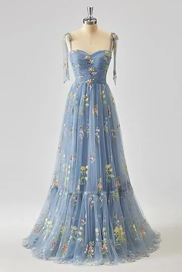 A-line Flower Embroidery Tulle Prom Dress Straps Formal Evening Party Gowns