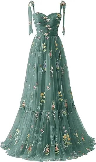 A-line Flower Embroidery Tulle Prom Dress Straps Formal Evening Party Gowns