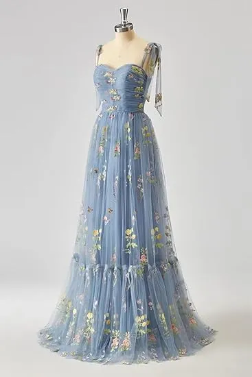 A-line Flower Embroidery Tulle Prom Dress Straps Formal Evening Party Gowns