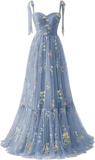 A-line Flower Embroidery Tulle Prom Dress Straps Formal Evening Party Gowns