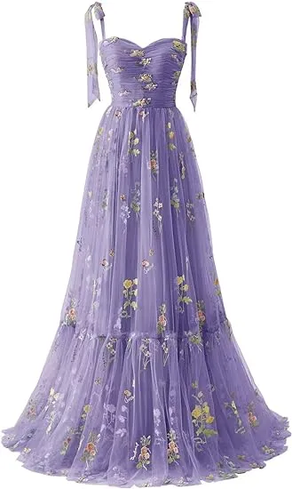 A-line Flower Embroidery Tulle Prom Dress Straps Formal Evening Party Gowns