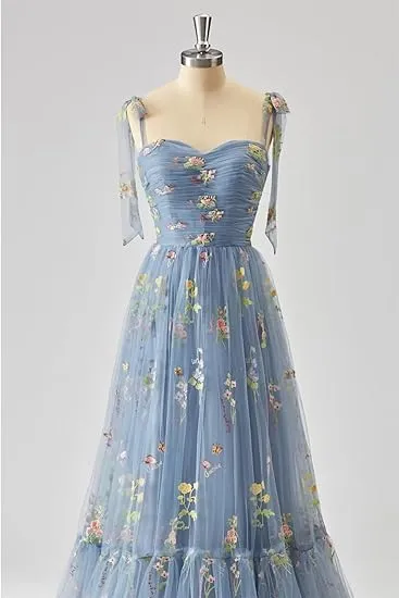 A-line Flower Embroidery Tulle Prom Dress Straps Formal Evening Party Gowns