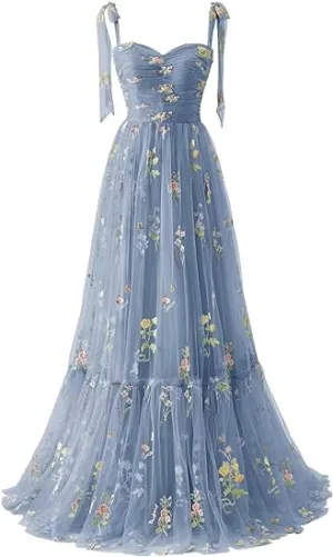 A-line Flower Embroidery Tulle Prom Dress Straps Formal Evening Party Gowns