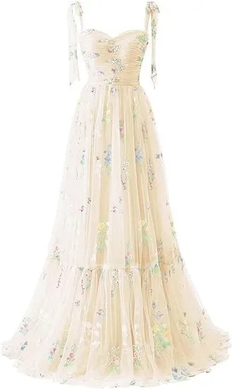 A-line Flower Embroidery Tulle Prom Dress Straps Formal Evening Party Gowns