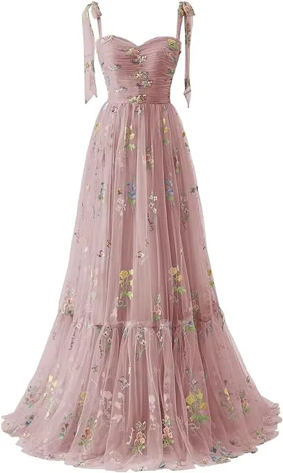 A-line Flower Embroidery Tulle Prom Dress Straps Formal Evening Party Gowns