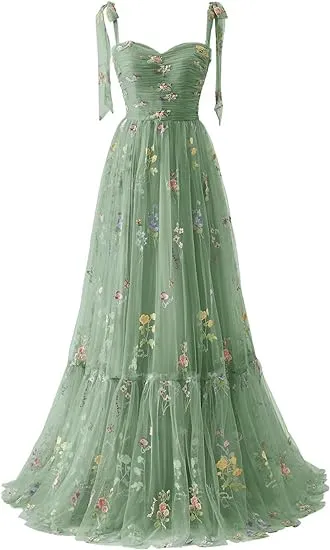 A-line Flower Embroidery Tulle Prom Dress Straps Formal Evening Party Gowns