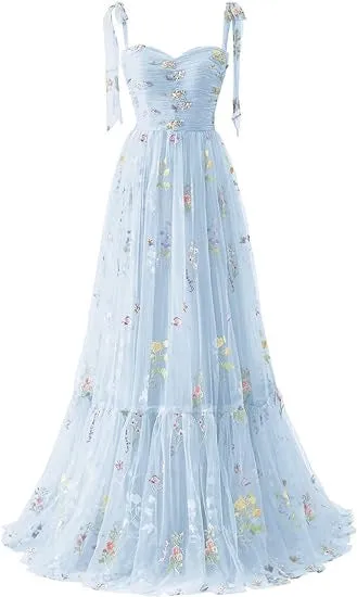 A-line Flower Embroidery Tulle Prom Dress Straps Formal Evening Party Gowns