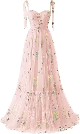 A-line Flower Embroidery Tulle Prom Dress Straps Formal Evening Party Gowns