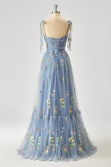 A-line Flower Embroidery Tulle Prom Dress Straps Formal Evening Party Gowns