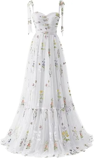 A-line Flower Embroidery Tulle Prom Dress Straps Formal Evening Party Gowns