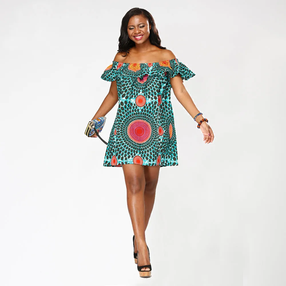 African Kitenge Wax Print Ankara Off-Shoulder Ruffled Mini Dress