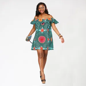 African Kitenge Wax Print Ankara Off-Shoulder Ruffled Mini Dress