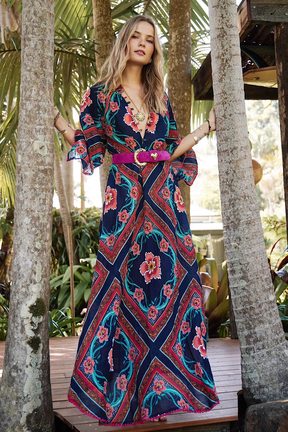 Alabama Getaway Maxi Caftan Dress - tropical floral scarf