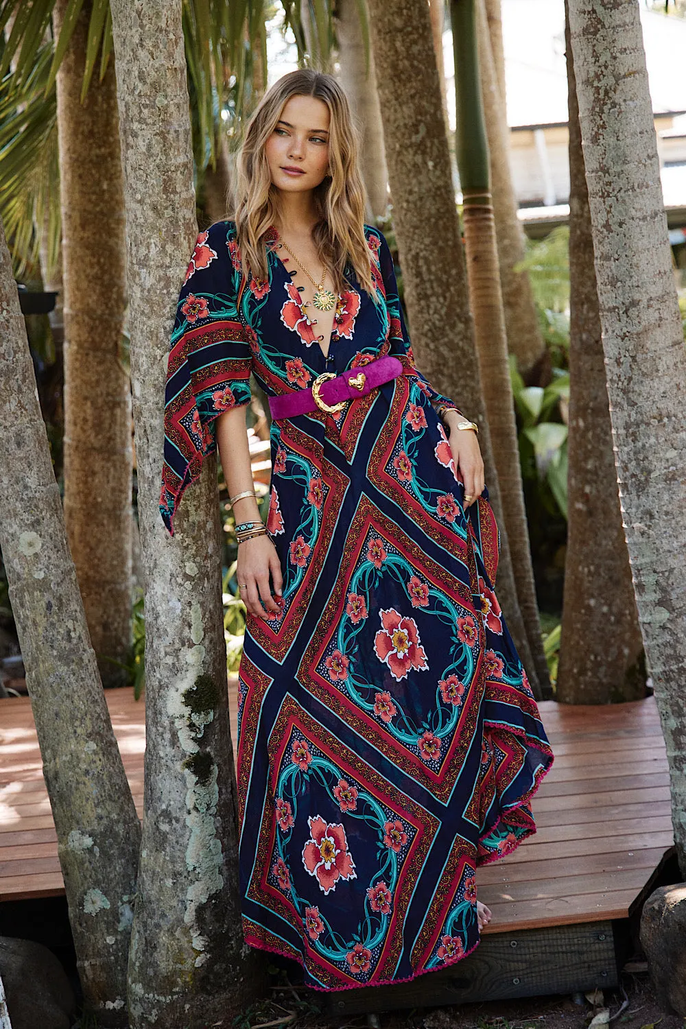 Alabama Getaway Maxi Caftan Dress - tropical floral scarf