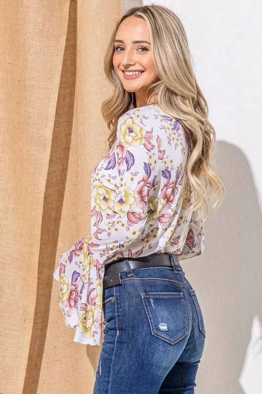 And The Why Floral Printed Bell Sleeve Casual Top