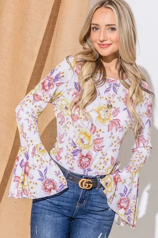 And The Why Floral Printed Bell Sleeve Casual Top