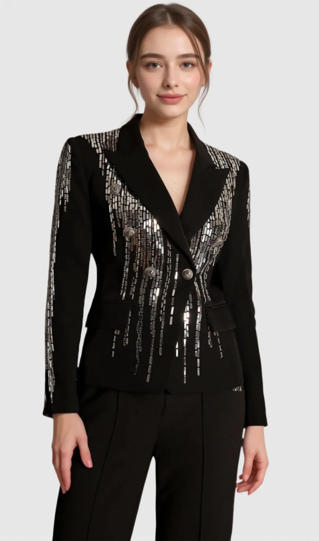 andrea Faidra Rhinestone Double Breasted Lapel Blazer in black