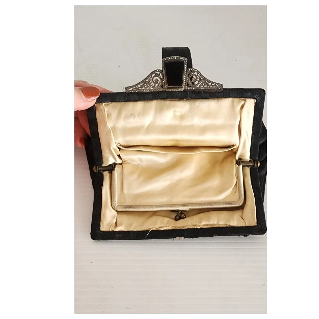 Antique Black Satin Evening Bag Art Nouveau Onyx Marquisite Frame