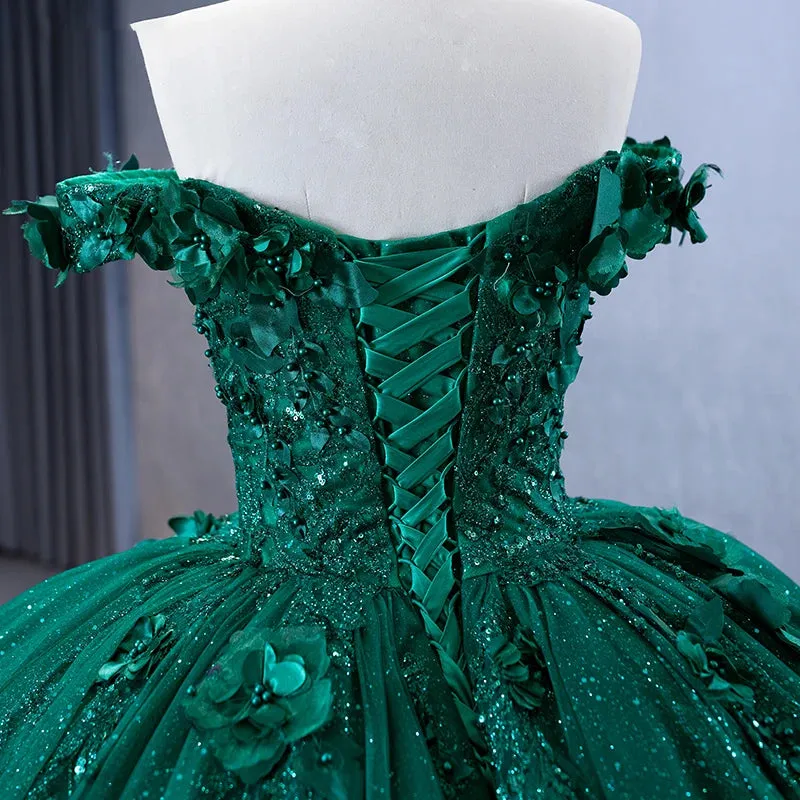 Appliques Dark Green Evening Dresses Sweetheart Sleeveless Ball Gown