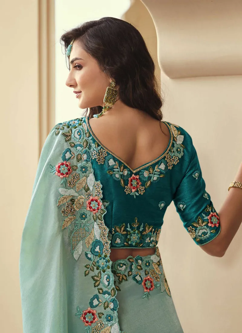 Aqua Blue Embroidered Party Wear Saree