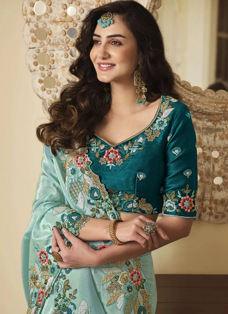 Aqua Blue Embroidered Party Wear Saree