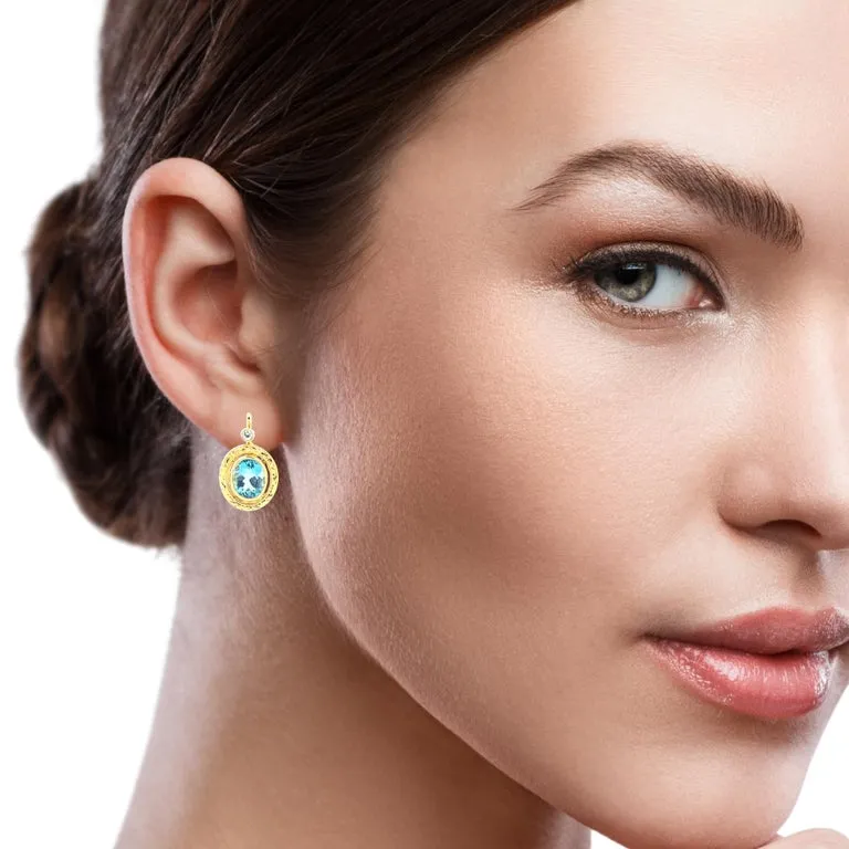 Aquamarine and Diamond Drop Earrings in Hand Engraved 18k Yellow Gold