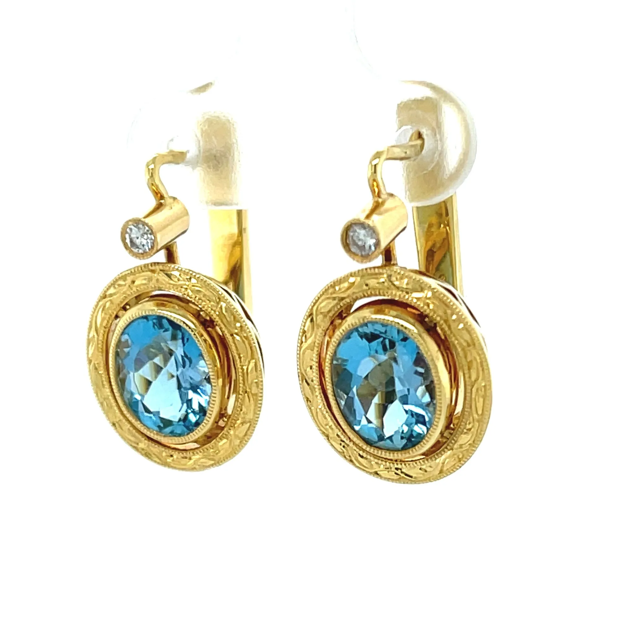 Aquamarine and Diamond Drop Earrings in Hand Engraved 18k Yellow Gold