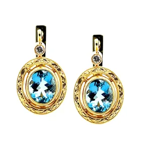 Aquamarine and Diamond Drop Earrings in Hand Engraved 18k Yellow Gold