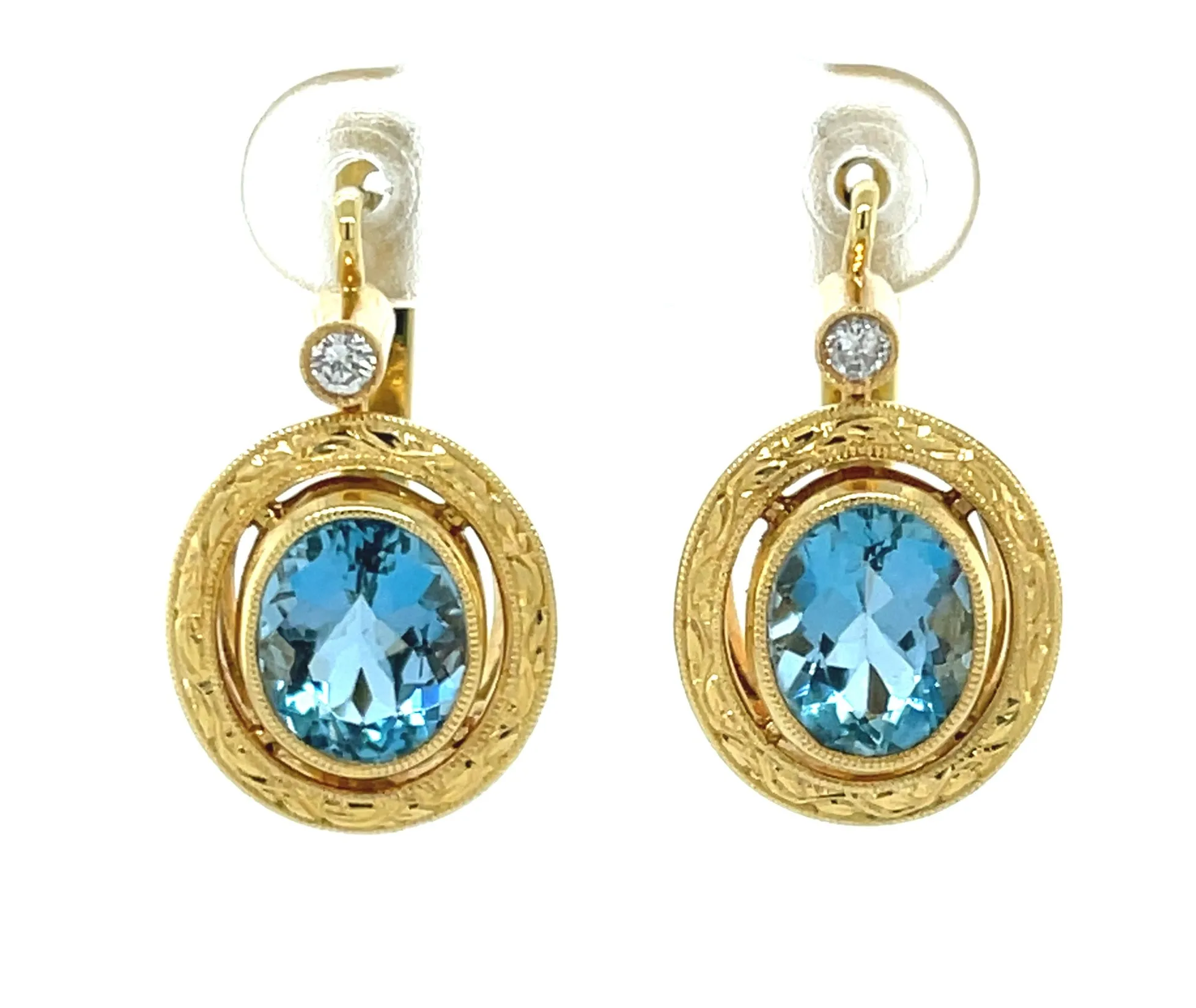 Aquamarine and Diamond Drop Earrings in Hand Engraved 18k Yellow Gold
