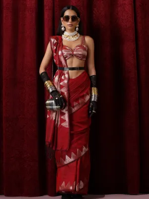 Banaras Red Temple Mul Mul Cotton Silk Saree with Blouse Fabric