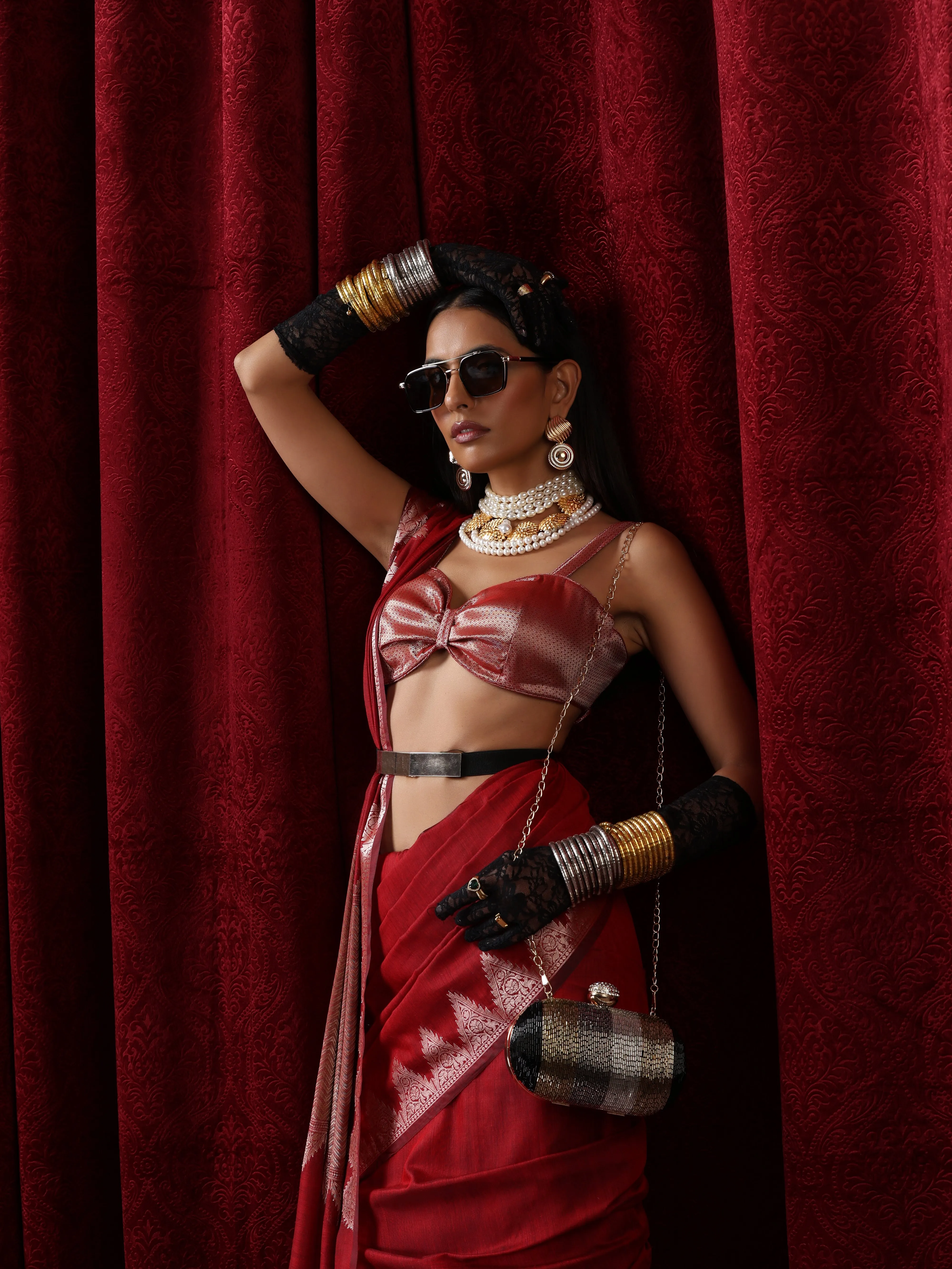 Banaras Red Temple Mul Mul Cotton Silk Saree with Blouse Fabric