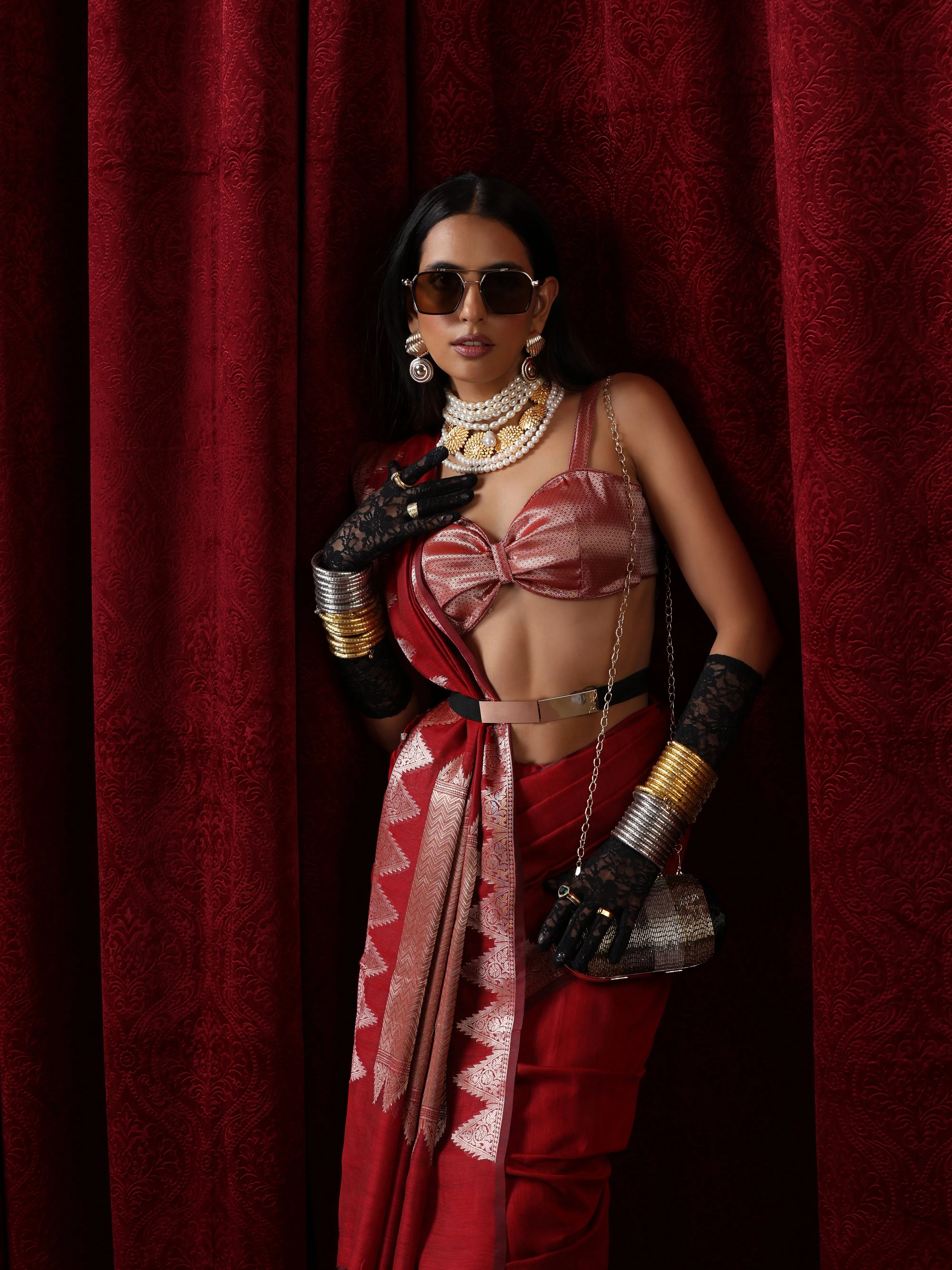 Banaras Red Temple Mul Mul Cotton Silk Saree with Blouse Fabric