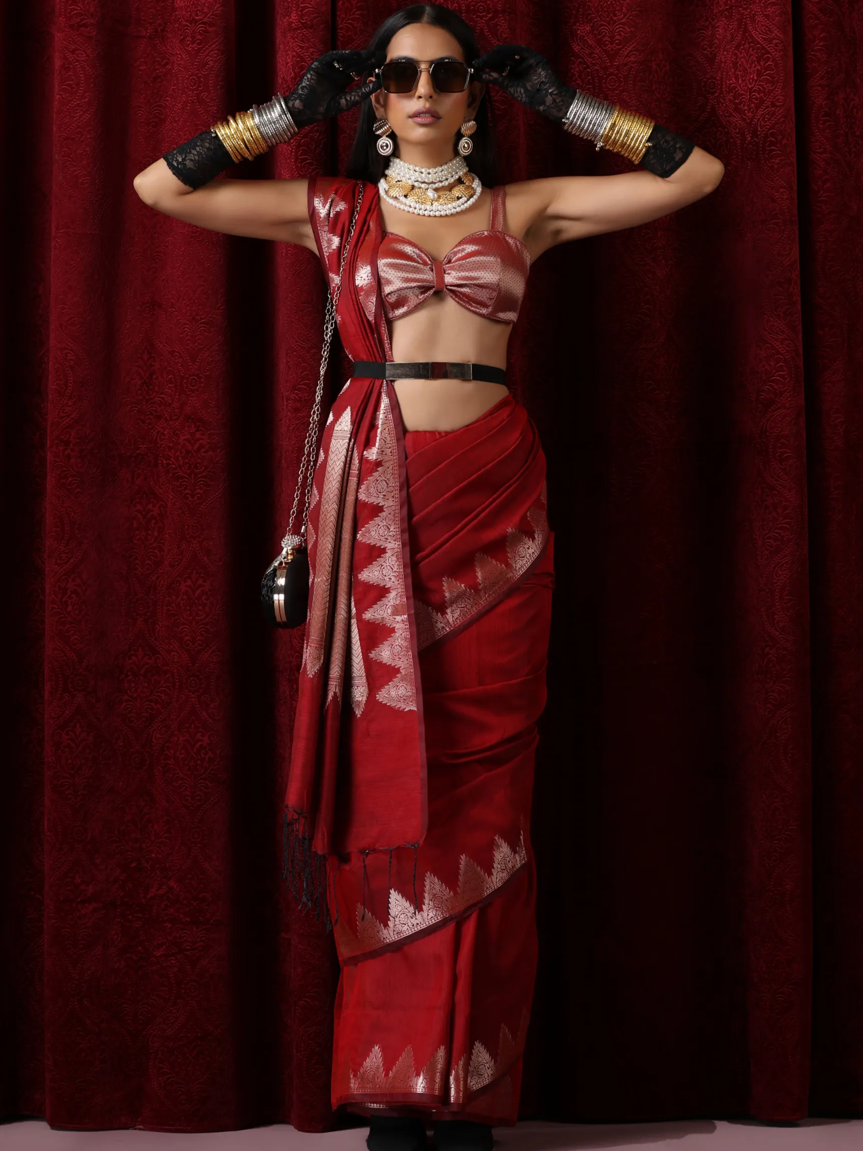 Banaras Red Temple Mul Mul Cotton Silk Saree with Blouse Fabric