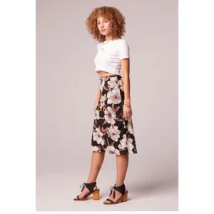 Band Of Gypsies BOG Size S RHO Floral Slip Midi Skirt Black Cream Pull On NEW