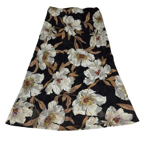 Band Of Gypsies BOG Size S RHO Floral Slip Midi Skirt Black Cream Pull On NEW