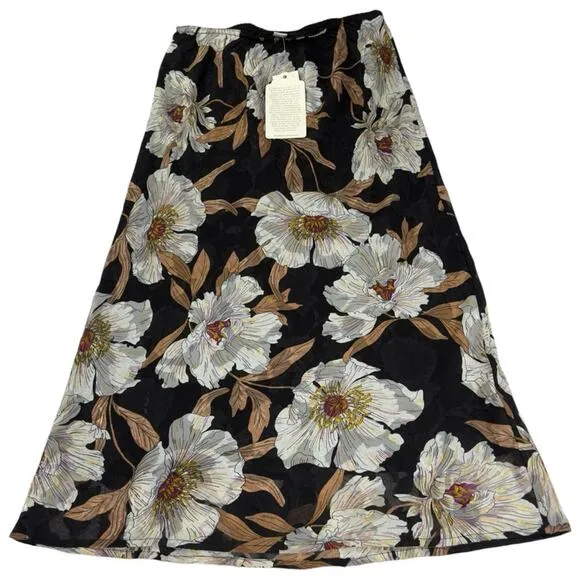 Band Of Gypsies BOG Size S RHO Floral Slip Midi Skirt Black Cream Pull On NEW