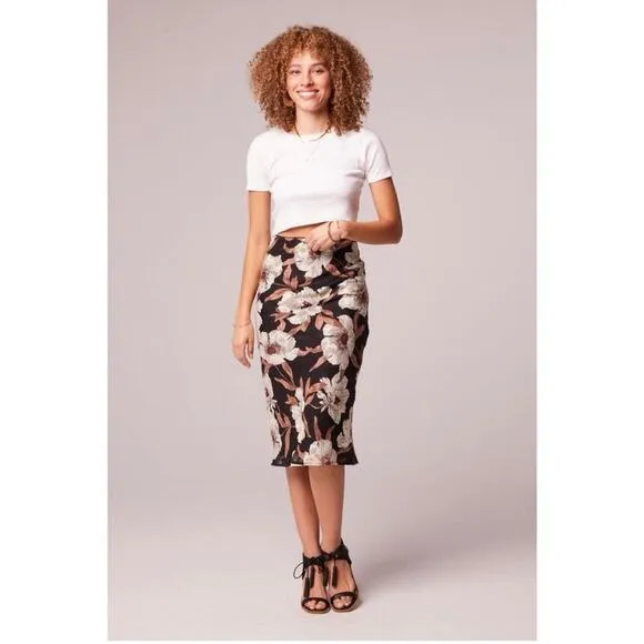 Band Of Gypsies BOG Size S RHO Floral Slip Midi Skirt Black Cream Pull On NEW