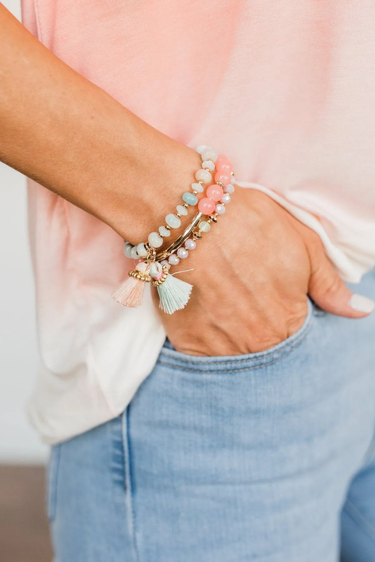 Beaded Tassel Bracelet Set- Pink & Mint