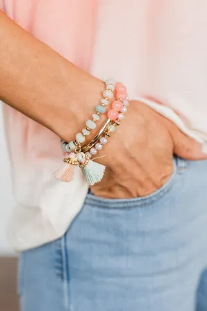 Beaded Tassel Bracelet Set- Pink & Mint