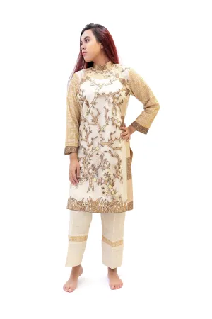 Beige & White Embroidered Cotton Salwar Kameez - Erum Khan Suit