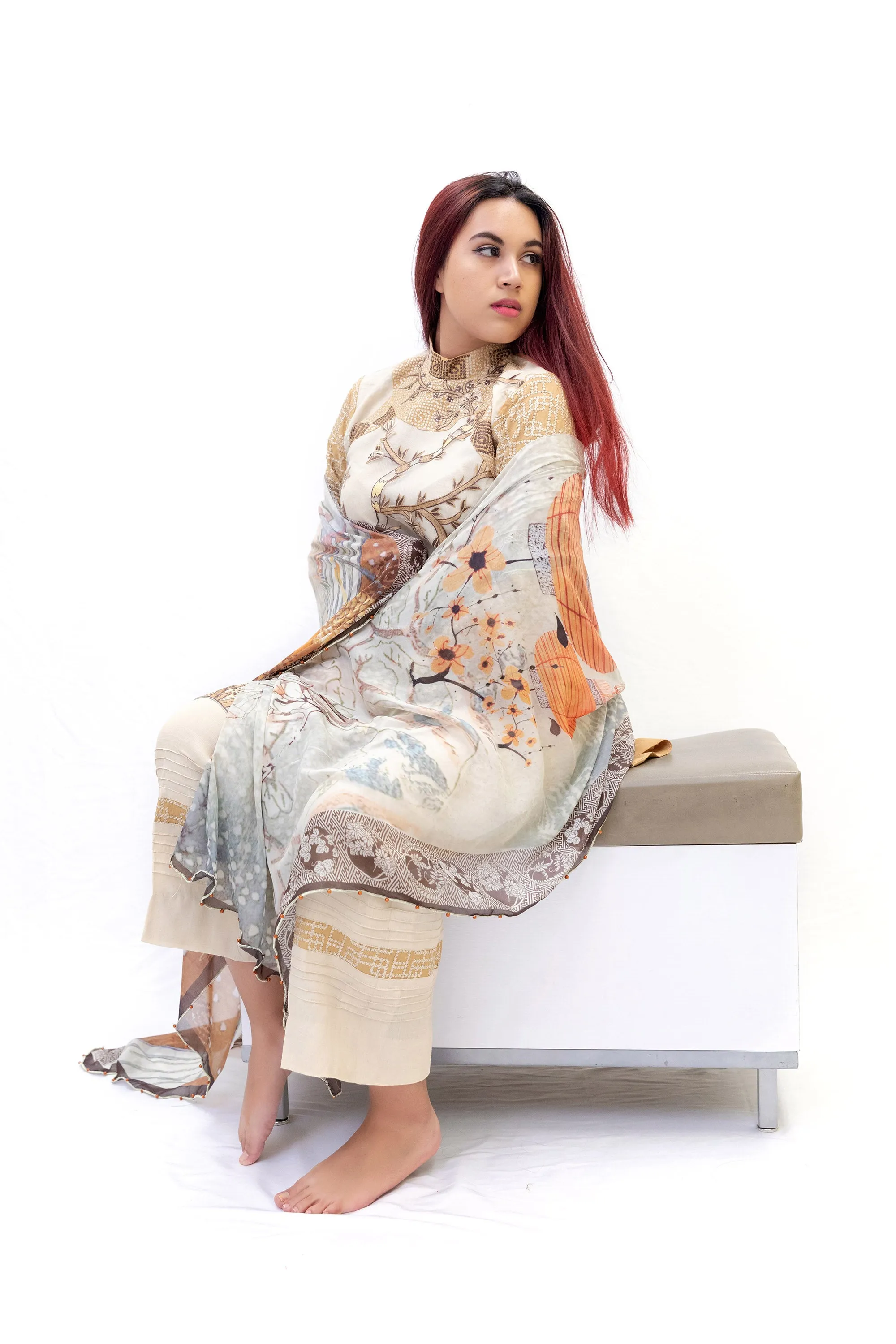 Beige & White Embroidered Cotton Salwar Kameez - Erum Khan Suit