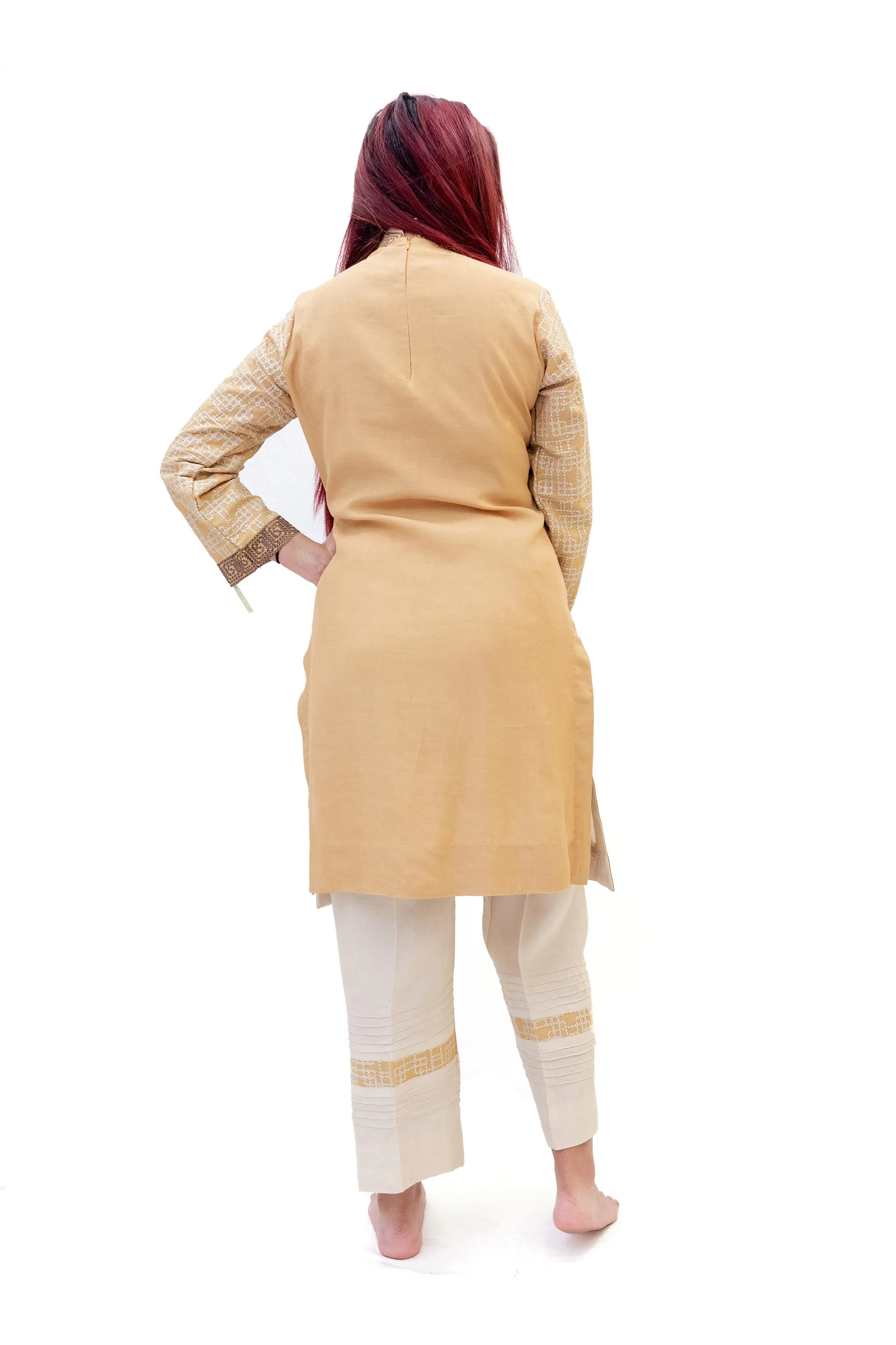 Beige & White Embroidered Cotton Salwar Kameez - Erum Khan Suit