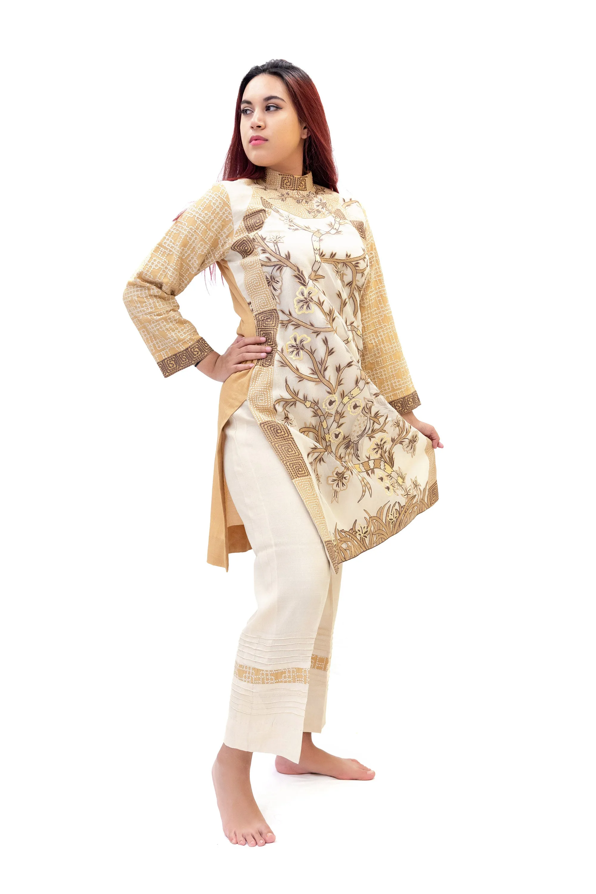 Beige & White Embroidered Cotton Salwar Kameez - Erum Khan Suit