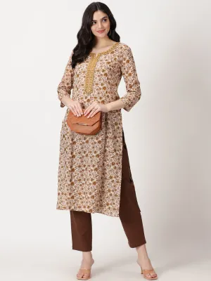 Beige Ethnic Leaf Print Cotton Kurta with Mirror Neck Embroidery